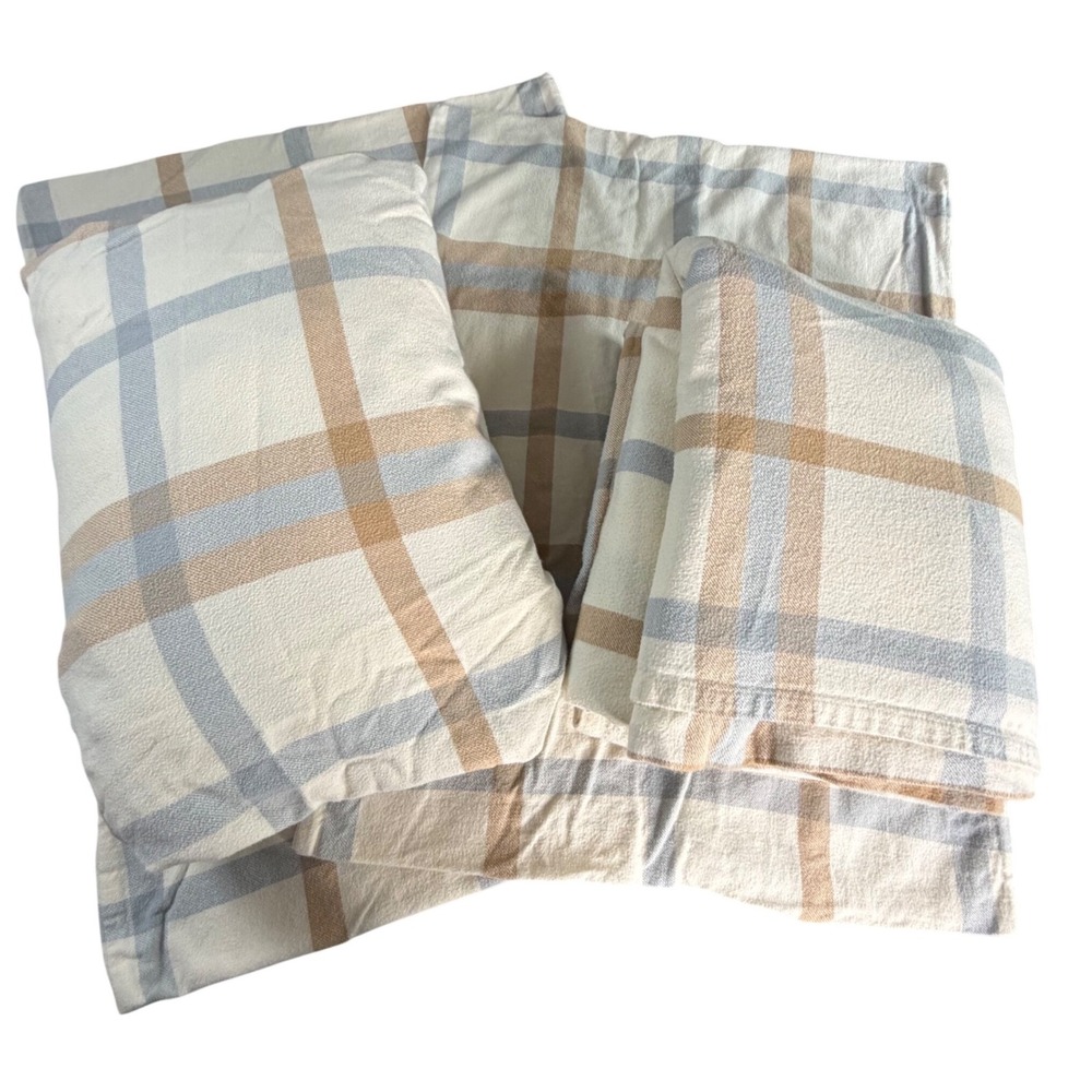 Boll & Branch Queen Flannel Sheet Set 100% Organic Cotton Plaid Cream Blue Tan
